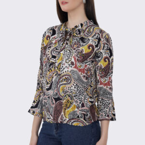 Women's Paisley Print Bow-Tie Blouse with 3/4 Sleeves, Multicolour Pattern
